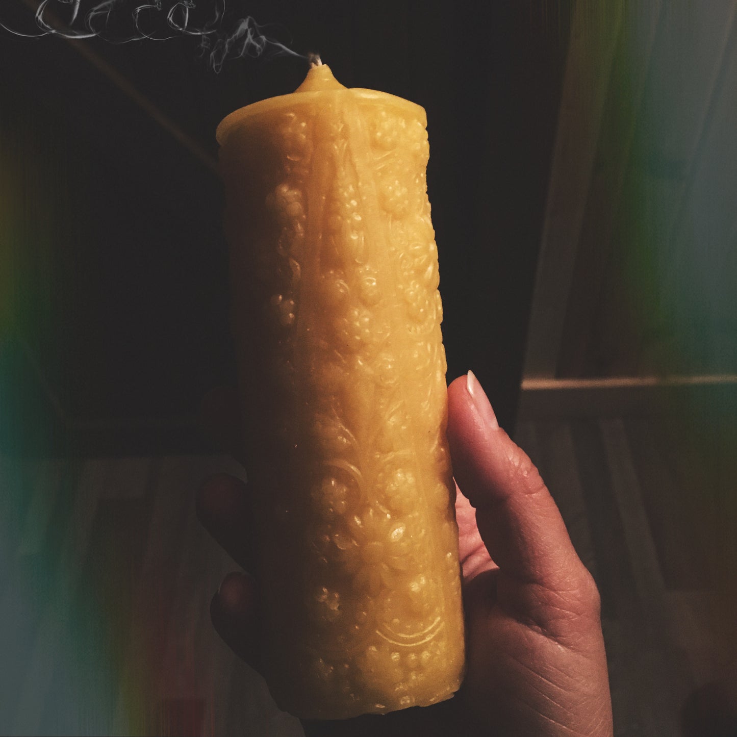 Vintage Floral Pillar Beeswax Candle