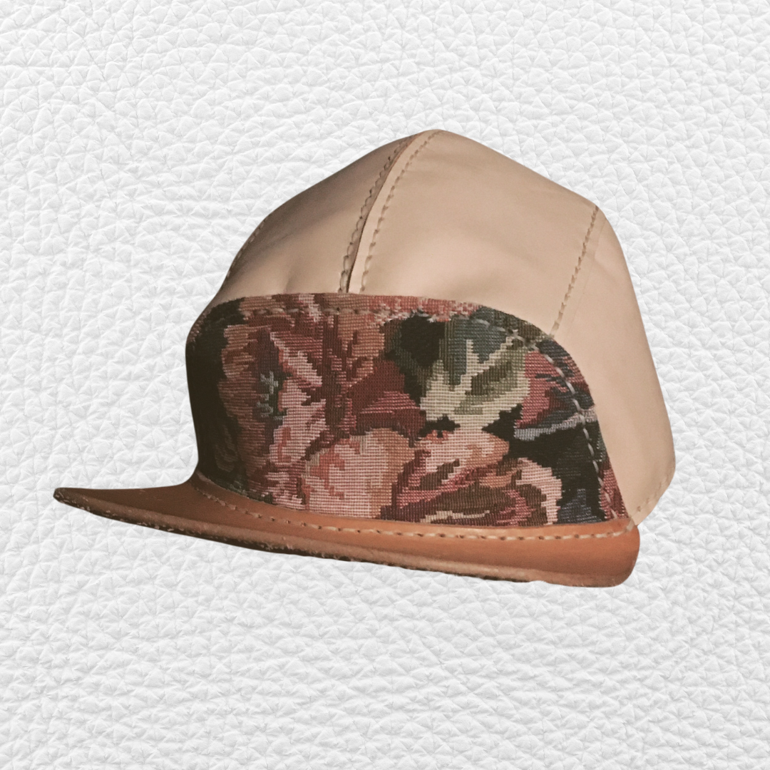 Hand Stitched 5 Panel Leather Cap - Vintage Fabric